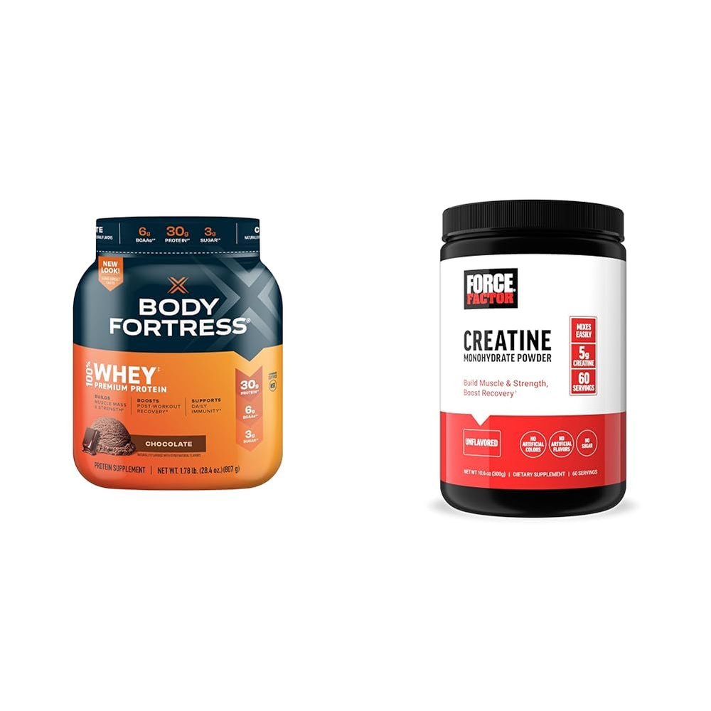 Body Fortress 100% Whey Premium Protein Powder Chocolate 1.78lbs & Force Factor Creatine Monohydrate for Muscle Gain Strength Faster Recovery 60 Servings