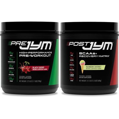 PRE JYM 30 Black Cherry & Post JYM Rainbow Sherbert Post-Workout 30 Servings Muscle Recovery Drink