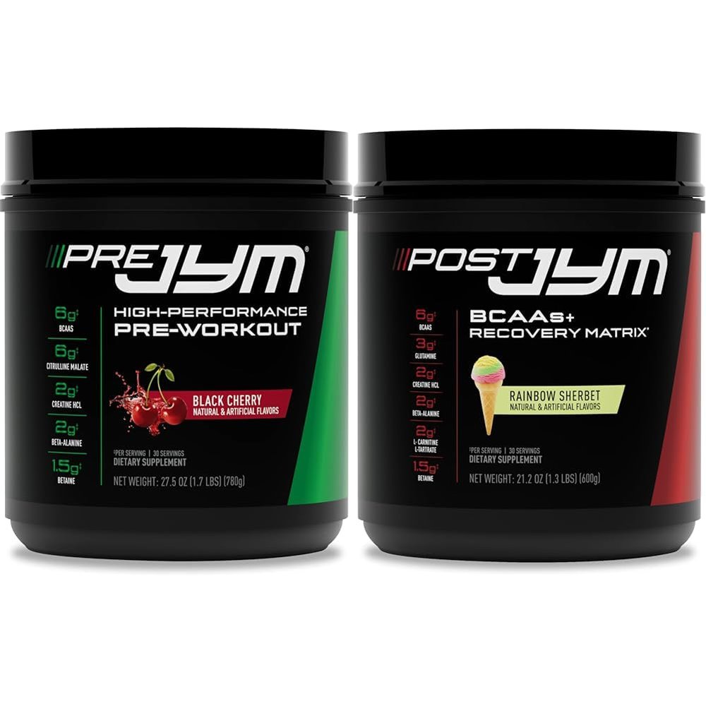 PRE JYM 30 Black Cherry & Post JYM Rainbow Sherbert Post-Workout 30 Servings Muscle Recovery Drink