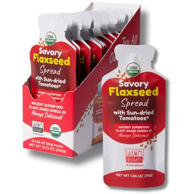 Laxmis Delights Savory Flaxseed Spread with Sun-dried Tomatoes - Spicy Charcuterie Board Spread| Organic, Vegan, Gluten Free, Dairy Free, All Natural, Non-GMO, Omega 3s | 12-pack, 1.06 oz pouches