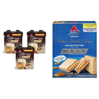 Atkins Caf Caramel Protein Shake, 15g Protein, 3g Net Carb, 1g Sugar + Atkins Peanut Butter Protein Wafer Crisps, 10g Protein, 4g Net Carb, 1g Sugar, 5 Count