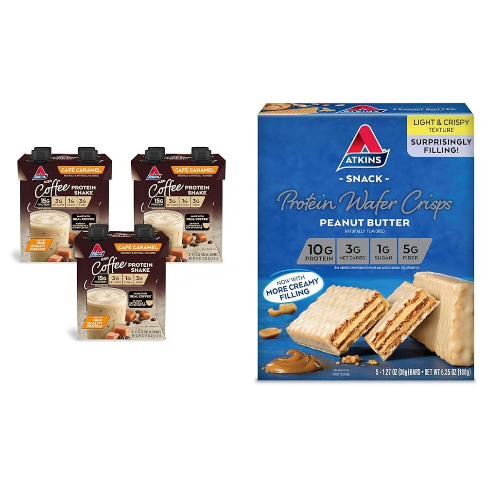 Atkins Caf Caramel Protein Shake, 15g Protein, 3g Net Carb, 1g Sugar + Atkins Peanut Butter Protein Wafer Crisps, 10g Protein, 4g Net Carb, 1g Sugar, 5 Count