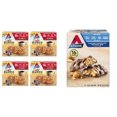 Atkins Soft Baked Blueberry Protein Bars 20 Count & Caramel Chocolate Nut Roll Snack Bars 16 Count Bundle