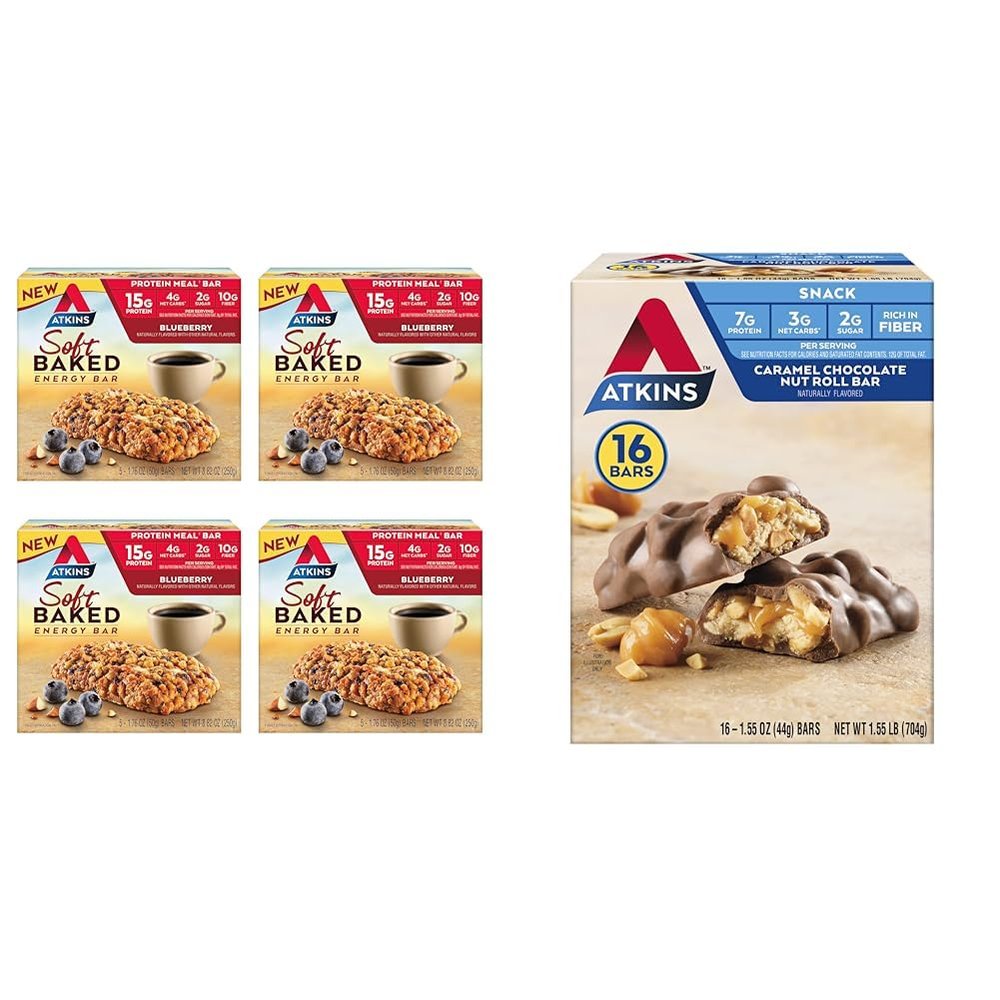 Atkins Soft Baked Blueberry Protein Bars 20 Count & Caramel Chocolate Nut Roll Snack Bars 16 Count Bundle