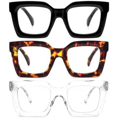 REAVEE 3 Pack Oprah Style Oversized Reading Glasses for Women Men, Blue Light Blocking Computer Thick Frame stylish Square Readers with Spring Hinge((Black/Tortoise/Clear, 3.5)