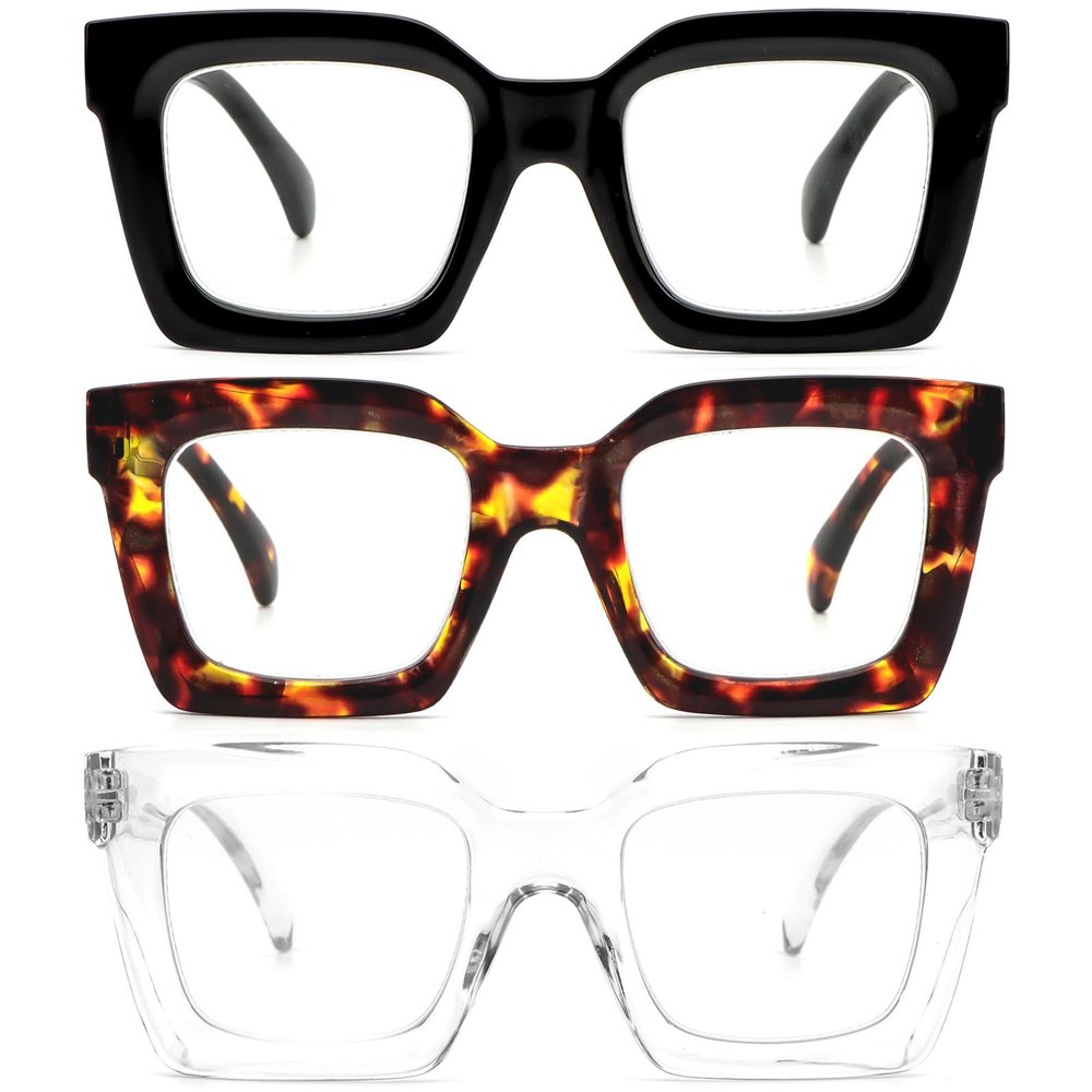REAVEE 3 Pack Oprah Style Oversized Reading Glasses for Women Men, Blue Light Blocking Computer Thick Frame stylish Square Readers with Spring Hinge((Black/Tortoise/Clear, 3.5)