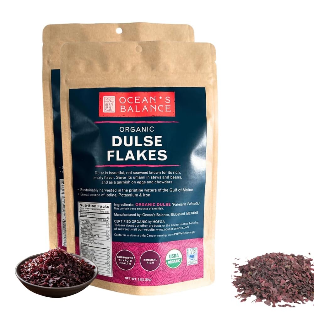 Organic Dulse Flakes Wild-Harvested Atlantic Seaweed from Maine Sea Vegetable for Soup, Ramen, Salad & Snacks Vegan, Gluten-Free, Rich in Iodine & B12 Oceans Balance (3oz, 2-Pack)