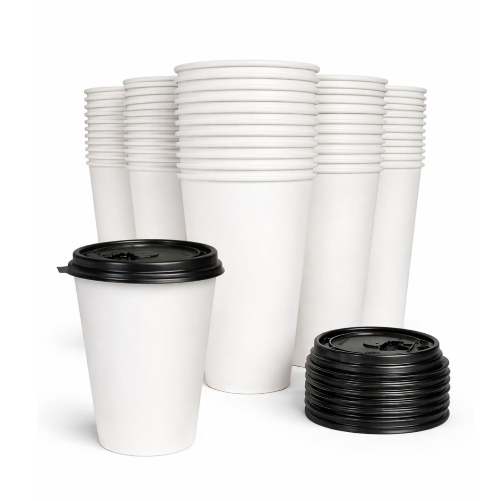 Kitchsy Compostable Biodegradable Paper Cups with Black Dome Lids - Eco-Friendly & Disposable: Pack of 150 - Perfect for Parties, Events, and Office Use (10 oz)
