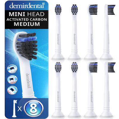 demirdental Active Charcoal Mini Medium Replacement Brush Heads Compatible with Philips Sonicare Small White Toothbrush Heads for Daily Natural & Precision Cleaning Replaces HX4088M 8 Pack