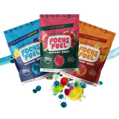 FocusFuel Energy Chews Trial Size Variety Sample Pack (9 Servings) 100mg Caffeine + Alpha GPC + L-Theanine + B12, Magnesium Blue Razzberry Lemonade, Watermelon, Fruit Punch No Crash or Jitters