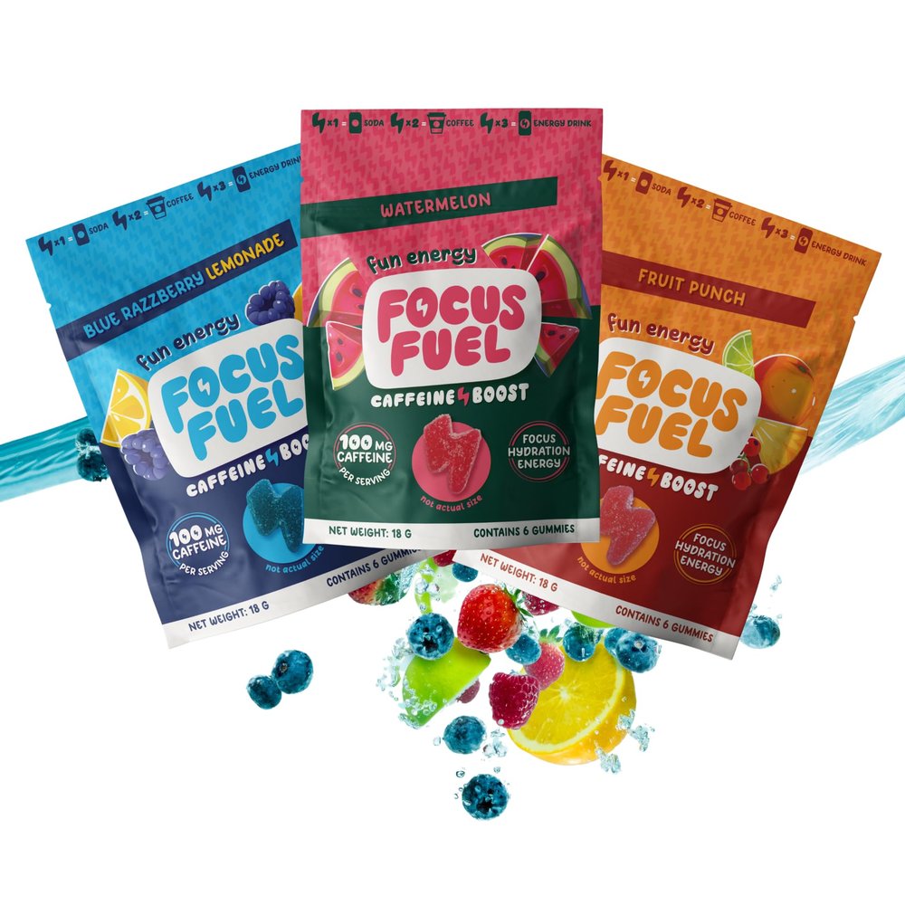 FocusFuel Energy Chews Trial Size Variety Sample Pack (9 Servings) 100mg Caffeine + Alpha GPC + L-Theanine + B12, Magnesium Blue Razzberry Lemonade, Watermelon, Fruit Punch No Crash or Jitters