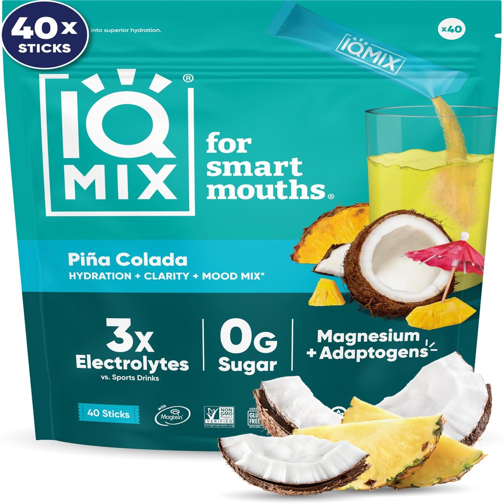 IQMIX Hydration Electrolyte Powder 4-in-1 Formula for Hydration, Mental Clarity, Mood and Recovery Sugar-Free Drink Mix, Keto, Magnesium L-Threonate, Lions Mane 40 Count Pia Colada