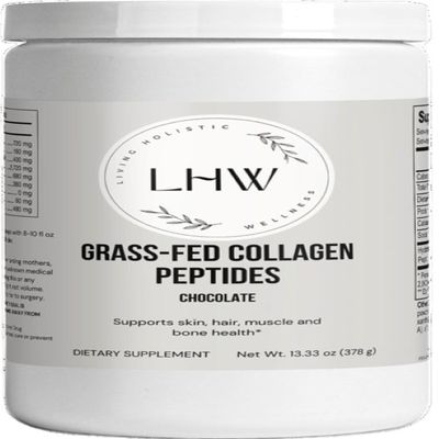 Living Holistic Wellness Grass-Fed Collagen Peptides Powder in Chocolate with Amino Acids (Type I, III) Gluten Free, Non-GMO, Brown