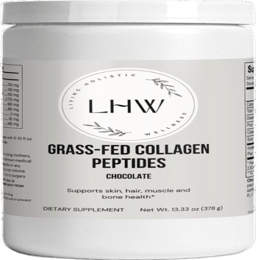 Living Holistic Wellness Grass-Fed Collagen Peptides Powder in Chocolate with Amino Acids (Type I, III) Gluten Free, Non-GMO, Brown