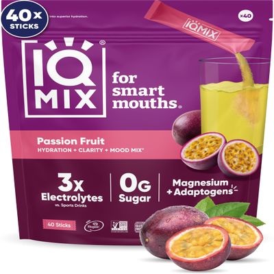 IQMIX Hydration Electrolyte Powder  4-in-1 Formula for Hydration, Mental Clarity, Mood and Recovery  Sugar-Free Drink Mix, Keto, Magnesium L-Threonate, Lions Mane  40 Count Passion Fruit