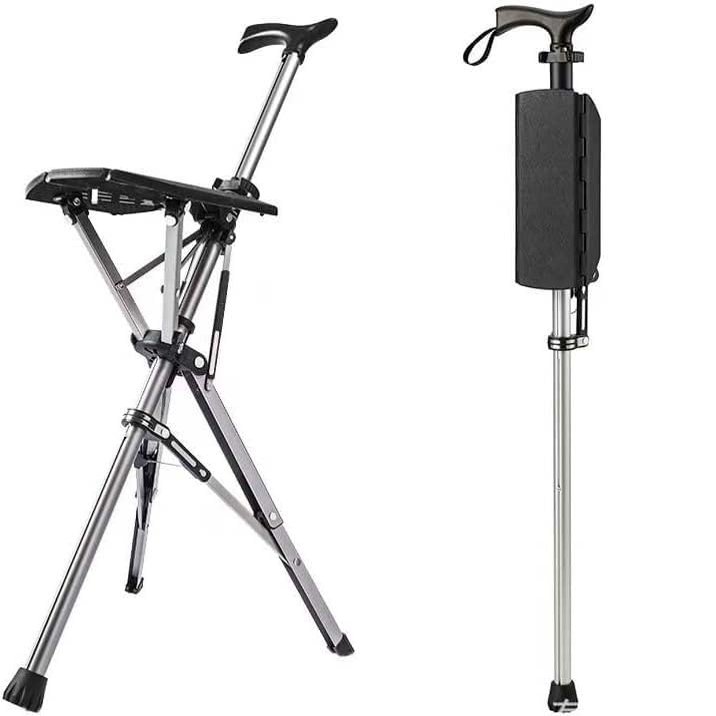 Haocloud Folding Cane Seat Set, Portable Cane Stool, Convenient Folding Cane Chair Seat, Aluminium Cane, 3 Legs Height Adjustable, Unisex Suitable for Elderly People, gaoyun-1001