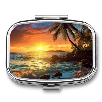 Pill Box Square Pill Case for Purse & Pocket Portable Mini Sunset Beach Pill Organizer with 2 Compartment Cute Pill Container Holder Travel Pillbox to Hold Vitamins Medication Fish Oil