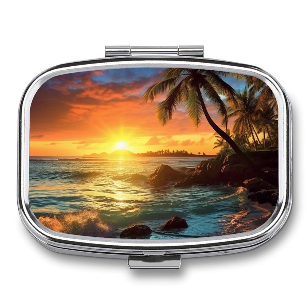 Pill Box Square Pill Case for Purse & Pocket Portable Mini Sunset Beach Pill Organizer with 2 Compartment Cute Pill Container Holder Travel Pillbox to Hold Vitamins Medication Fish Oil