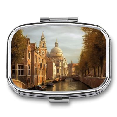 Pill Box Square Pill Case for Purse & Pocket Portable Mini Canal and Church Pill Organizer with 2 Compartment Cute Pill Container Holder Travel Pillbox to Hold Vitamins Medication Fish Oil