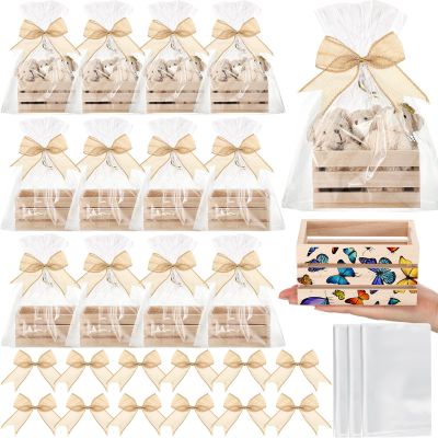 GlikCeil 12 Pcs Baskets for Gifts Empty Kit Small Crates Unfinished Wooden Storage Box 12 Bows 12 Clear Treat Bags for Valentines Day Craft Gift Baskets Wedding Holiday Birthday Home Decor(Wood Color)