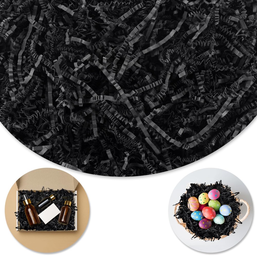 Darfukei Crinkle Paper Filler, Shredded Paper For Gift Baskets 1/2LB(8 oz) Black, Crinkle Cut Paper Shred For Birthdays, Weddings,Boxes Bags,Halloween Basket Filler,Anniversaries,Gift Wrapping