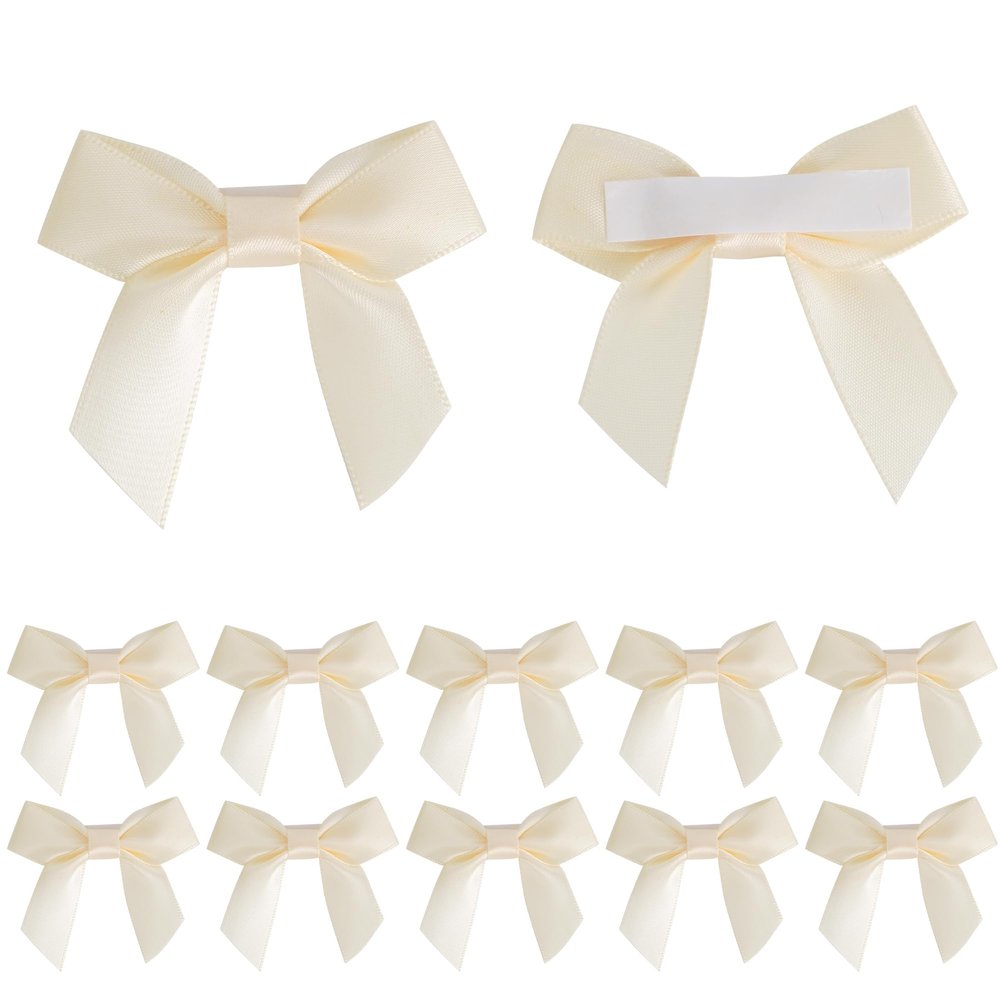 AIMUDI Ivory Satin Ribbon Bows 2" Self Adhesive Satin Bow for Gift Wrapping Premade Bows with Double-Sided Tape for Making Crafts Baby Shower Birthday Party Wedding Decorations, 50 PCs