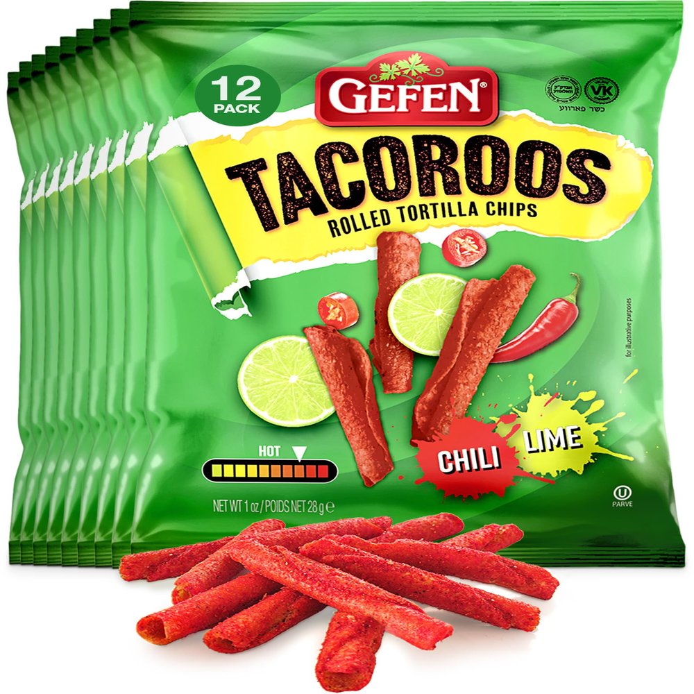 Gefen Chili Lime Tacoroos, Rolled Tortilla Chips, 1oz (12 Pack) | Crunchy & Spicy Chips | Extreme Heat