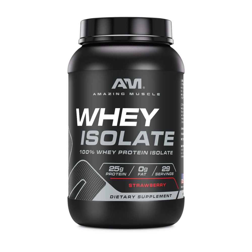 Amazing Muscle Whey Protein Isolate Powder | 25 Grams Protein Per Serving | 100% Whey Isolate | Zero Fat | Made in USA (2 Lb, Strawberry)