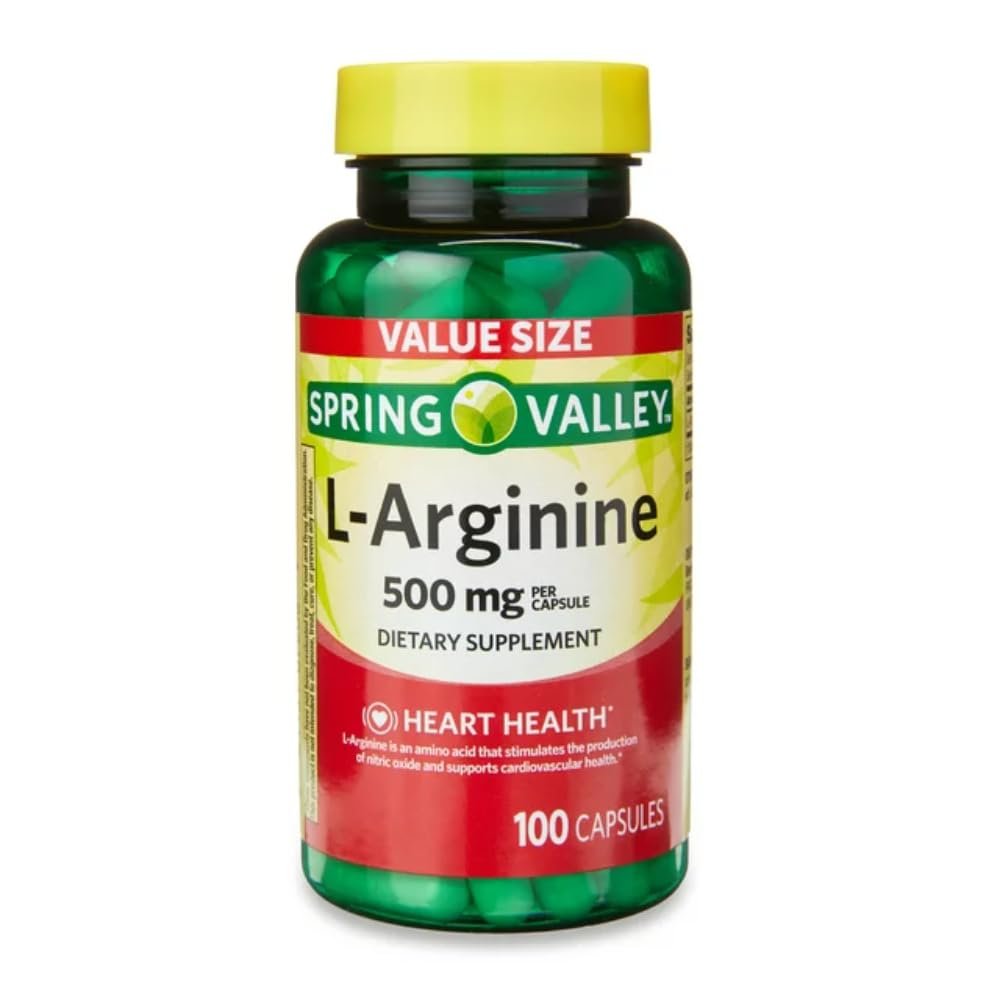 NineLife Basics Spring Valley L'Arginine Amino Heart Health Supplement Capsules, 500mg, Value Size, 100 Count + 1 Mini Pill Container (Style & Color Varies)
