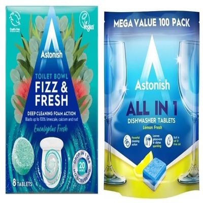 Astonish All In 1 Dishwasher Tabs, 100ct + Fresh Fizz & Fresh Bathroom Toilet Bowl Cleaner, 8ct