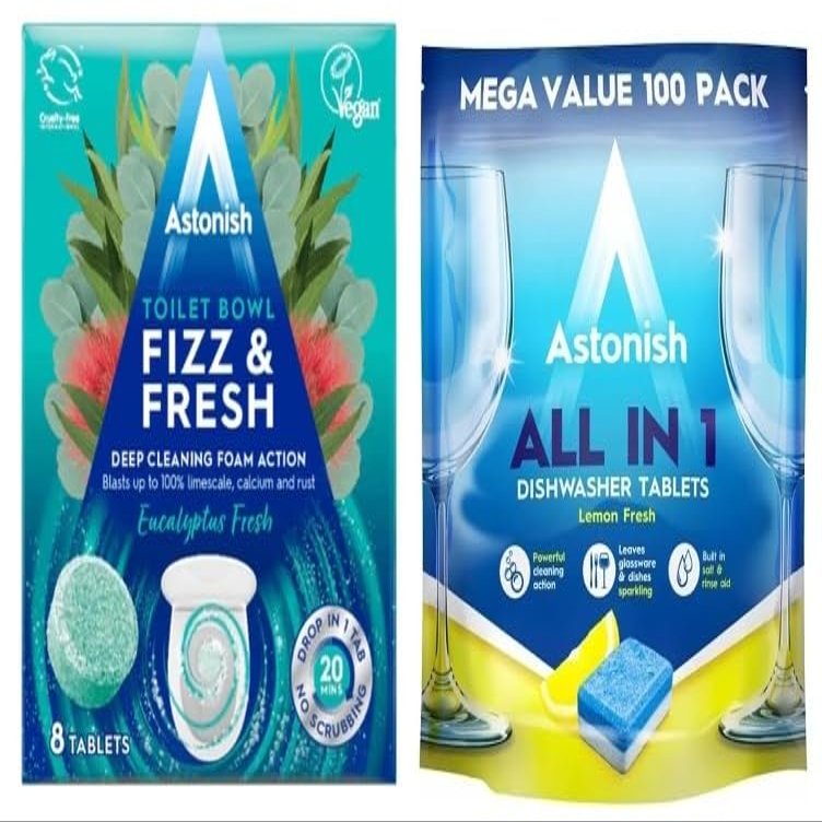 Astonish All In 1 Dishwasher Tabs, 100ct + Fresh Fizz & Fresh Bathroom Toilet Bowl Cleaner, 8ct