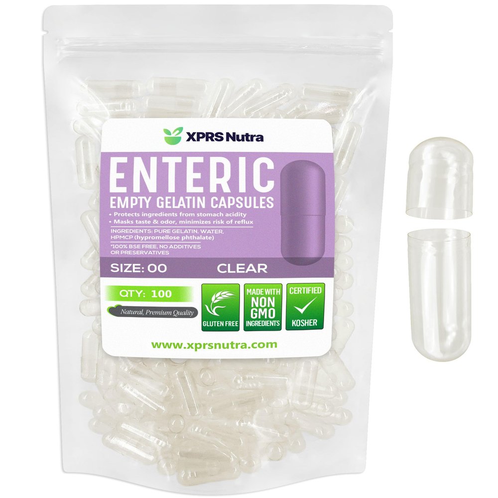 XPRS Nutra Size 00 Empty Capsules - 100 Count Clear Enteric Coated Empty Gelatin Capsules - Delayed Release Pills - DIY Capsule Filling - Pure Bovine Empty Enteric Gel Caps