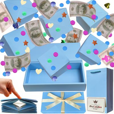 JINSTABAG Surprise Gift Box for Money, DIY Unique Folding Bouncing with Confetti, Surprise Gift Box Explosion for Birthday, Anniversary, Valentine's Day.(Blue)