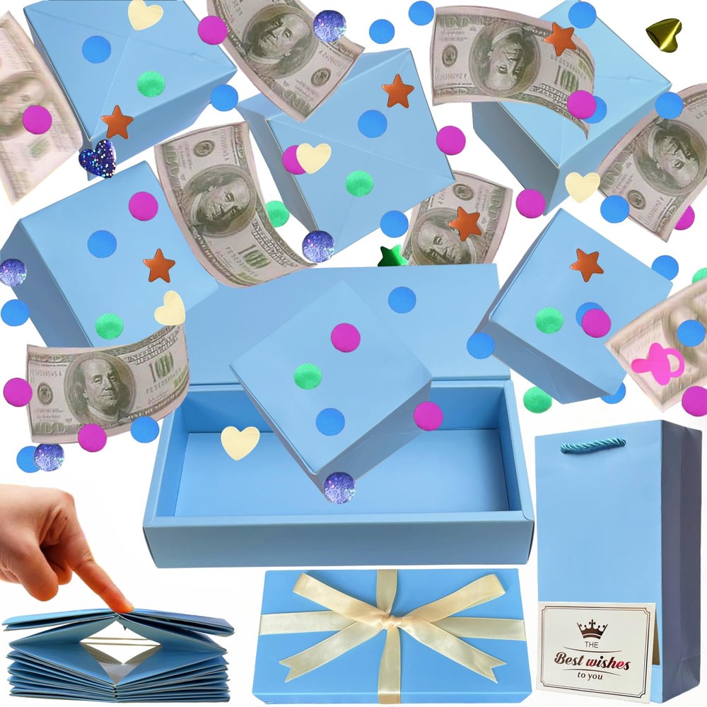 JINSTABAG Surprise Gift Box for Money, DIY Unique Folding Bouncing with Confetti, Surprise Gift Box Explosion for Birthday, Anniversary, Valentine's Day.(Blue)