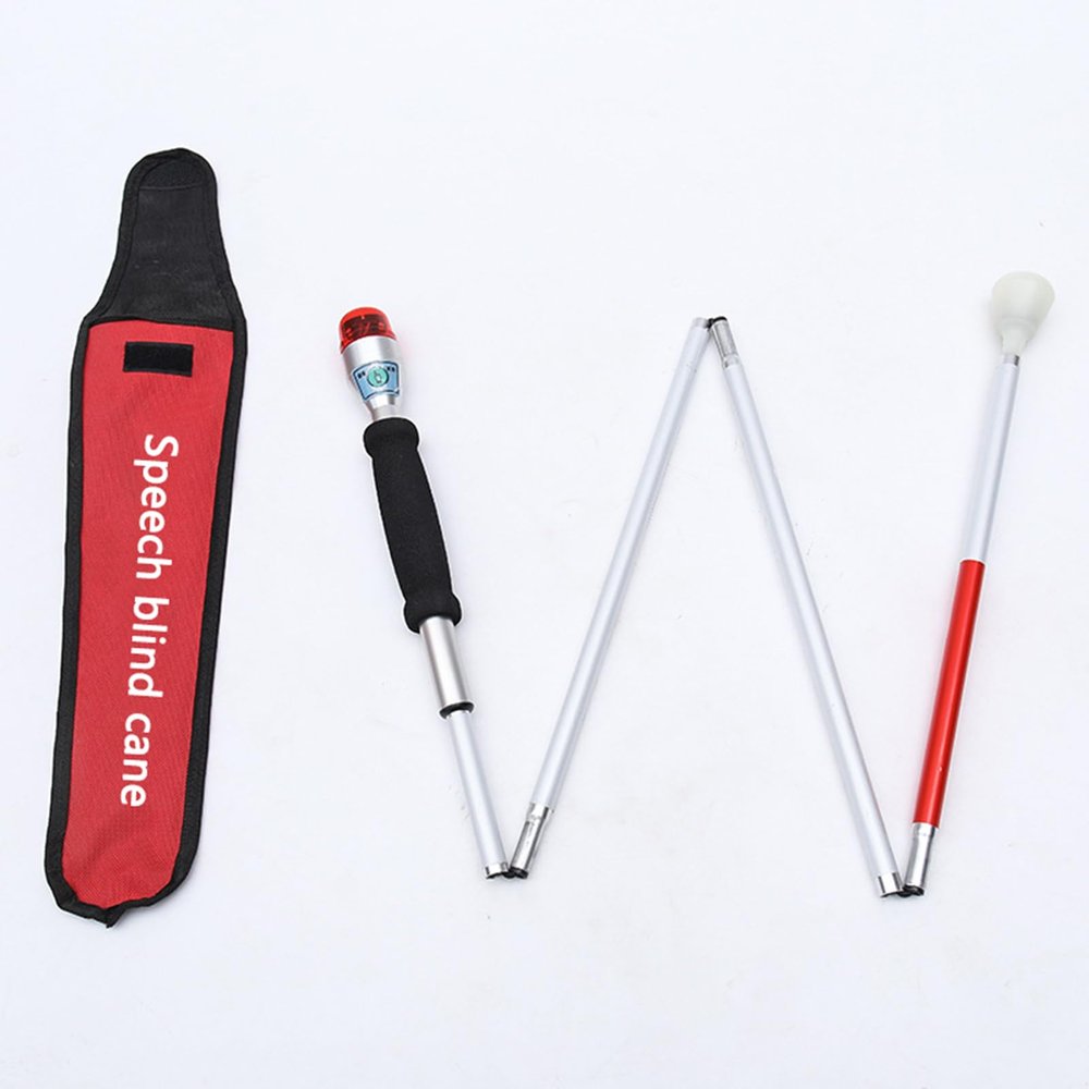 Gqudyi White Rotating HeadSpeech Blind Cane4-fold Folding Blind Cane,Maximum Length of 1.32mfor Mobility Aids Assist Tool,Titanium Alloy,Blind Cane Bag
