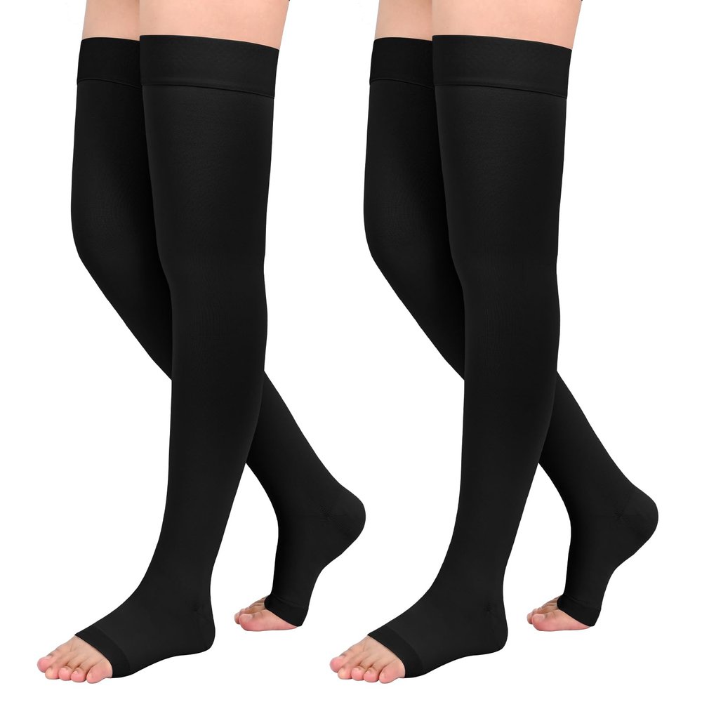 2Pairs Ktinnead 20-30mmHg Thigh High Compression Stockings for Women, Open-Toe Thigh High Compression Socks, Medical Compression Stockings for Pregnant, Teacher, Doctor, Varicose Veins, lymphedema