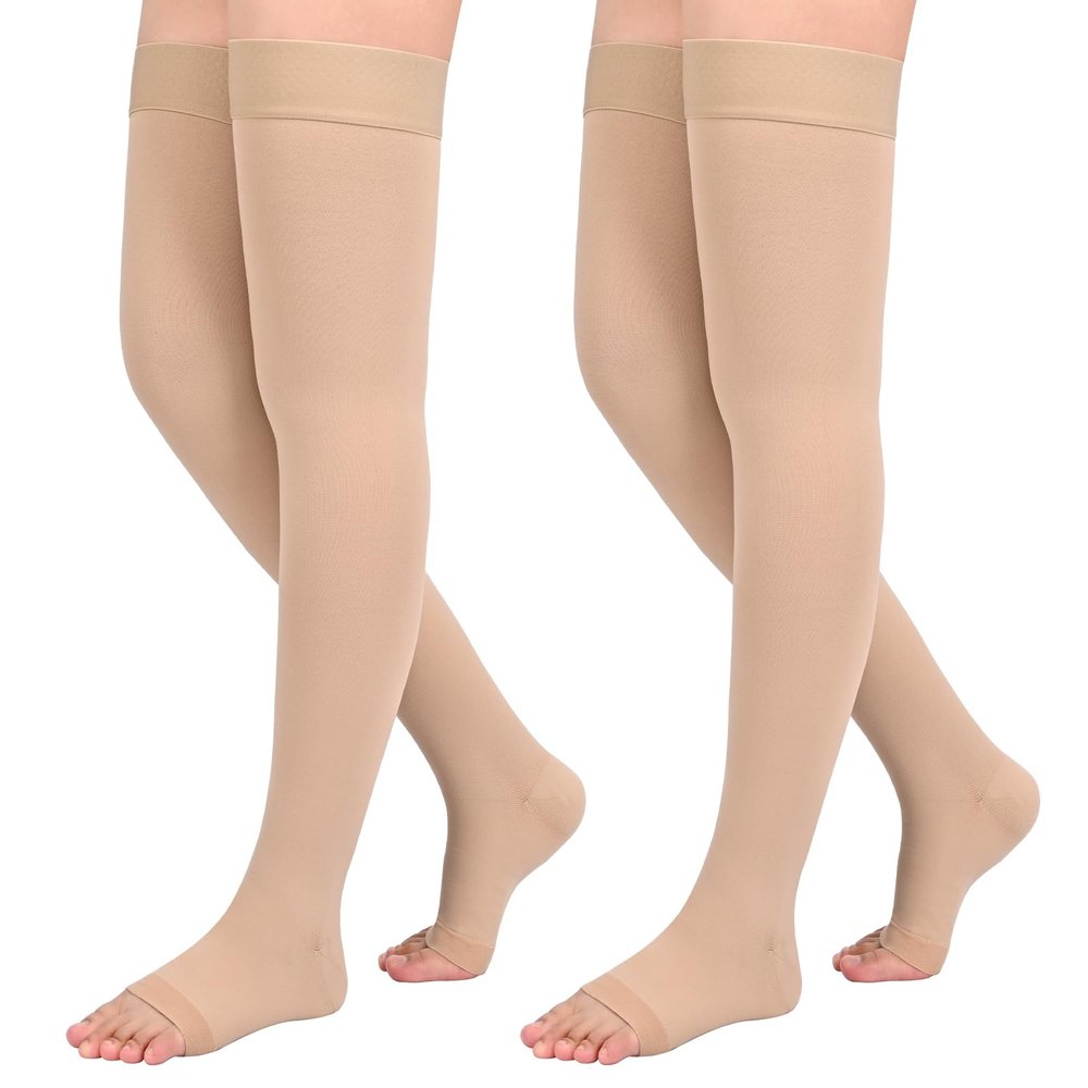 2Pairs Ktinnead 20-30mmHg Thigh High Compression Stockings for Women, Open-Toe Thigh High Compression Socks, Medical Compression Stockings for Pregnant, Teacher, Doctor, Varicose Veins, lymphedema