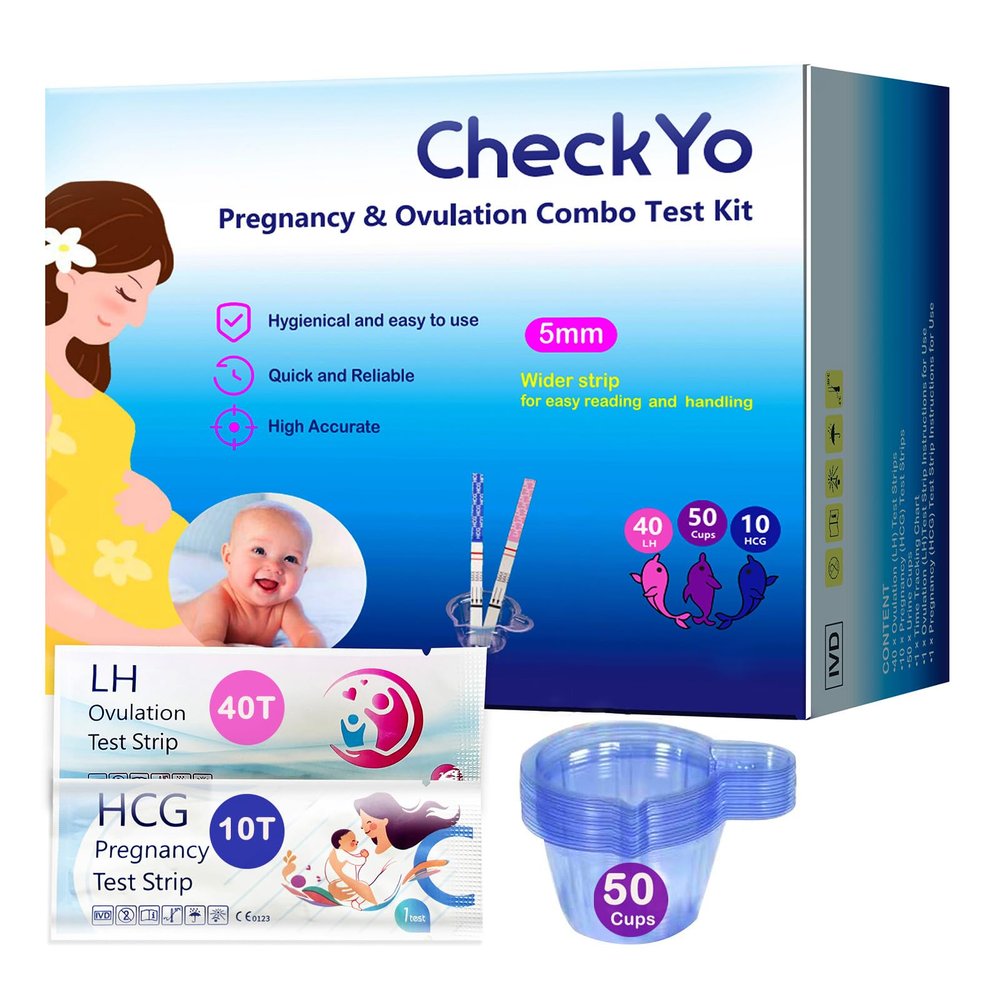 CheckYo Ovulation and Pregnancy Test Strips Combo: 40 Ovulation Tests&10 Pregnancy Tests,Fertility Tests for Women(40LH+10HCG+50 Collection Cups)