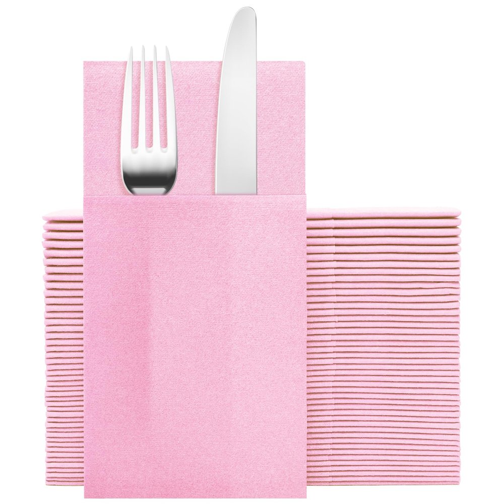 Goldclean Pink Napkins Hand Towels Disposable, Linen-Feel Dinner Napkins with Prefolded Built-in Flatware Pocket, Guest Paper Hand Towels For Wedding, Dinner Or Party (16x16in, 50Pack