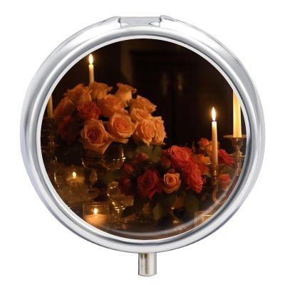 Round Pill Box Portable Pill Case for Pocket There are Roses on The Table Travel Small Pill Organizer 3 Compartment Metal Pill Container Holder for Medicine Vitamins Fish Oil Supplements
