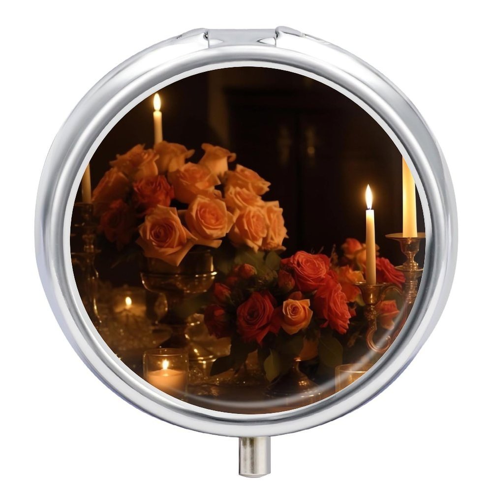 Round Pill Box Portable Pill Case for Pocket There are Roses on The Table Travel Small Pill Organizer 3 Compartment Metal Pill Container Holder for Medicine Vitamins Fish Oil Supplements