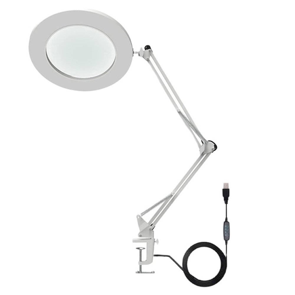 10X Magnifying Glass LED Repair Lamp with 3 Colors Light Flexible Arm Brightness Adjustable Workbench Light with Clip (White)