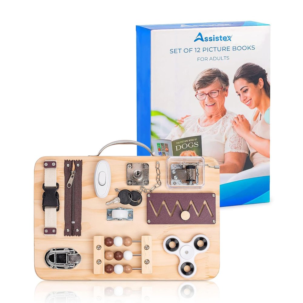 Assistex Fidget Busy Board for Adults with Dementia - Calming Activities and Games for Seniors Sensory Mat with Guide Book with Assistex Picture Book Set for Seniors with Dementia