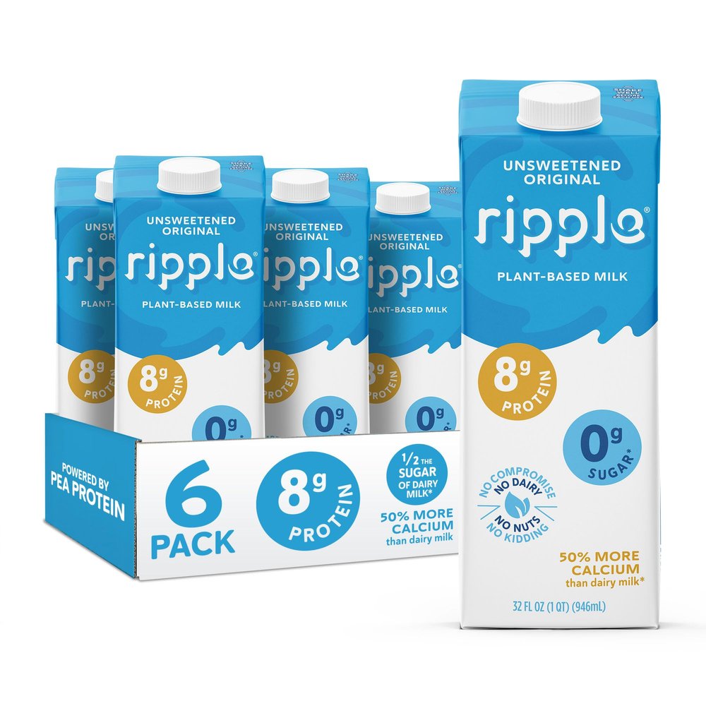 Ripple Unsweetened Original Plant Based Milk | 8g of Quality Sourced Pea Protein, Calcium Rich | Shelf Stable | Vegan, Non GMO | Dairy, Soy, Nut, & Gluten Free | 32 Fl Oz Cartons (Pack of 6)