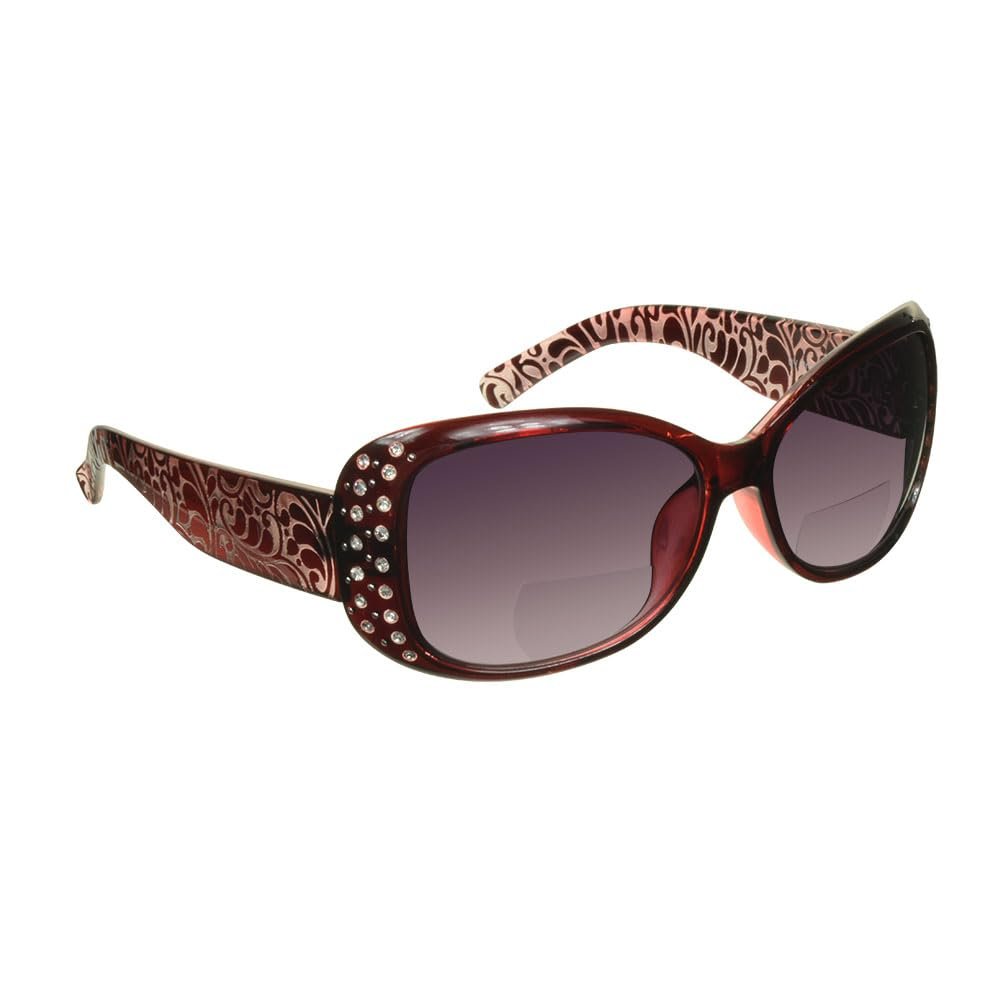 proSPORT Women Oversized Bifocal Reading Sunglasses Rhinestone Butterfly Floral UV Protection Red W/Gradient Grey Lens with Snakeskin Pouch