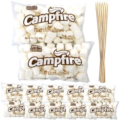 FireStix Case Pack 12 Pounds Bulk Campfire Marshmallows with (100) Roasting Sticks - (12) One Pound Bags of Large Campfire Marshmallows with 12" Roasting Sticks - Made with Natural Vanilla, White