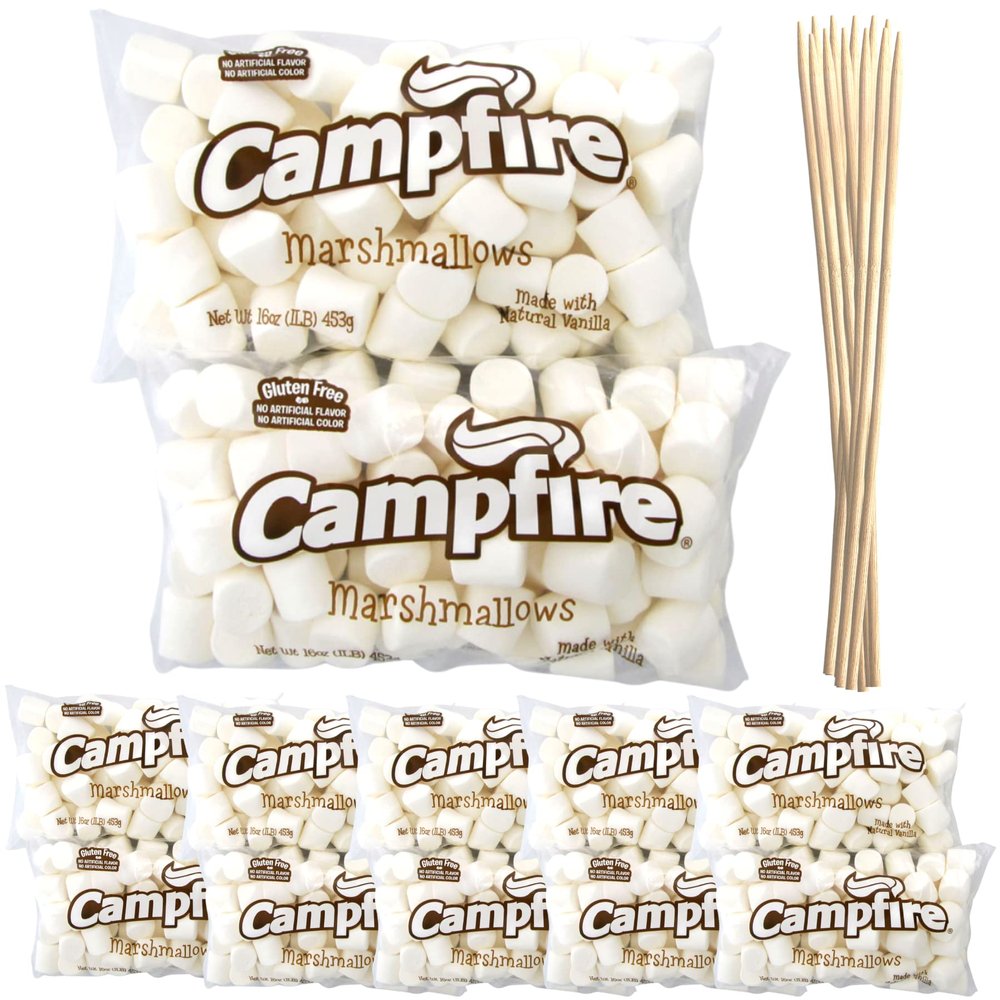 FireStix Case Pack 12 Pounds Bulk Campfire Marshmallows with (100) Roasting Sticks - (12) One Pound Bags of Large Campfire Marshmallows with 12" Roasting Sticks - Made with Natural Vanilla, White