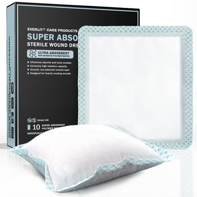 EVERLIT Super Absorbent Dressing for Wound Care | Nonstick Soft Surgical Gauze Pad for Heavily Exuding Wounds | Large Sterile Non-Adhesive Bandage for Fast Healing Wound Care | Pack of 10 (6" x 6")