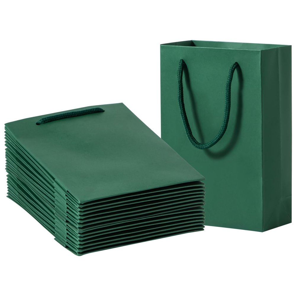 Katfort Dark Green Paper Gift Bags 50 Pack, 5.1x2.4x7.5in, Cotton Handle, Matte Green, Kraft Paper