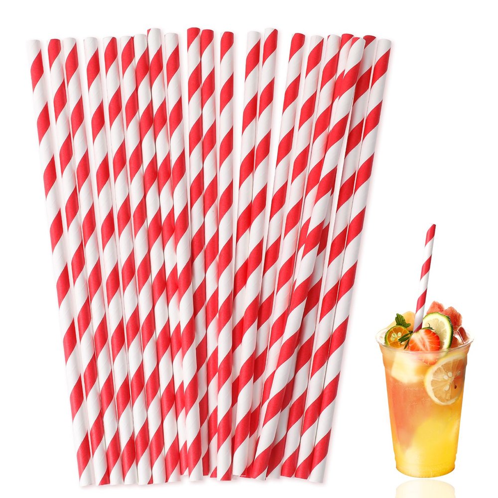 100 Pieces Disposable Red Striped Paper Straws,Party Decorative Straw Cocktail Drinking Straws Bulk for Drinking Crafts Birthday Wedding Party Decorations Supplies